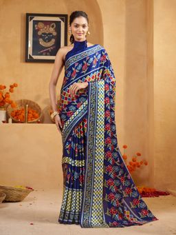 Garden VARELI - Blue Women Crepe Satin Floral Printed Saree with Unstitched Blouse
