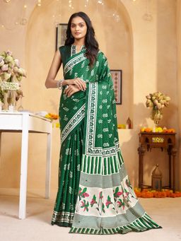 Garden VARELI - Women Crepe Satin Floral Printed Green Saree with Unstitched Blouse