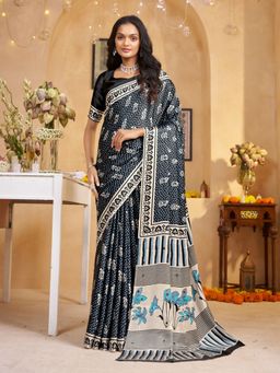 Garden VARELI - Women Crepe Satin Floral Printed Black Saree with Unstitched Blouse