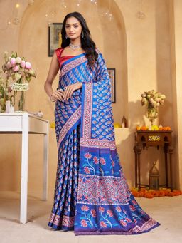 Garden VARELI - Women Crepe Satin Floral Printed Blue Saree with Unstitched Blouse