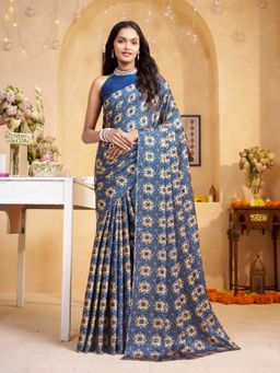 Garden VARELI - Women Crepe Satin Geometric Printed Blue Saree with Unstitched Blouse