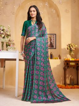 Garden VARELI - Women Crepe Satin Geometric Printed Green Saree with Unstitched Blouse