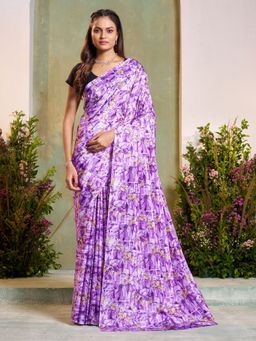 Garden VARELI - Women Silk Blend Floral Printed Purple Saree Without Blouse