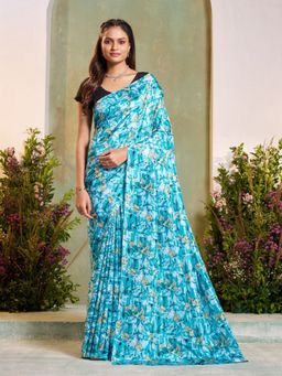 Garden VARELI - Women Silk Blend Floral Printed Blue Saree Without Blouse