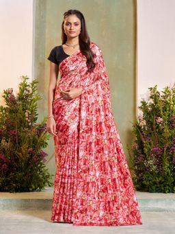 Garden VARELI - Women Silk Blend Floral Printed Red Saree Without Blouse