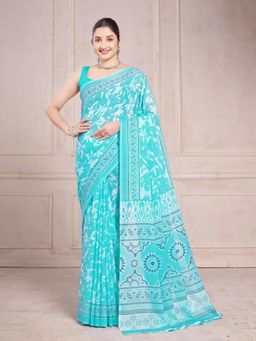Garden VARELI - Women Chiffon Floral Traditional Printed Turquoise Saree Without Blouse
