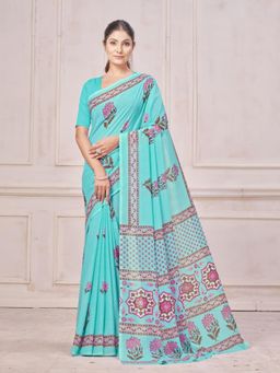 Garden VARELI - Women Chiffon Floral Traditional Printed Turquoise Saree Without Blouse