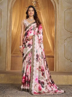 Garden VARELI - Women Silk Floral Printed Pink Saree with Unstitched Blouse