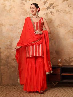 Mahukaa - Women Orange Embroidered Kurta with Sharara and Dupatta