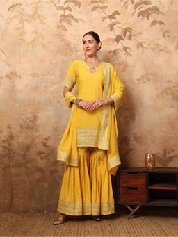 Mahukaa - Women Yellow Embellished Kurta with Sharara and Dupatta