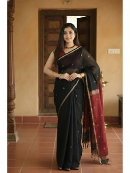 AMRUTKALA SAREES - Black Designer Cotton Silk Kanjivaram Saree with Unstitched Blouse