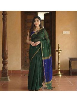 AMRUTKALA SAREES - Women Green Cotton Silk Kanjivaram Saree with Unstitched Blouse