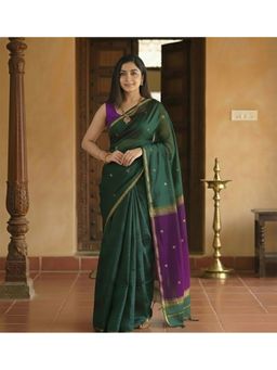 AMRUTKALA SAREES - Women Green Cotton Silk Kanjivaram Saree with Unstitched Blouse
