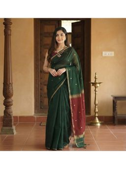 AMRUTKALA SAREES - Green Cotton Silk Kanjivaram Saree with Unstitched Blouse