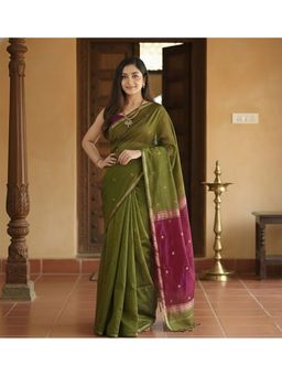 AMRUTKALA SAREES - Women Green Designer Cotton Silk Kanjivaram Saree with Unstitched Blouse