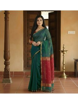 AMRUTKALA SAREES - Women Green Designer Cotton Silk Kanjivaram Saree with Unstitched Blouse