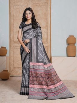 Garden VARELI - Women Art Silk Geometric Traditional Printed Grey Saree with Unstitched Blouse