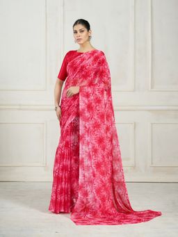 Garden VARELI - Women Chiffon Floral Printed Red Saree with Unstitched Blouse