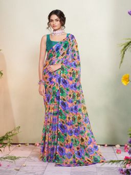 Garden VARELI - Women Chiffon Floral Printed Green Saree Without Blouse