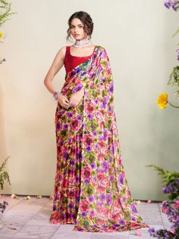 Garden VARELI - Women Chiffon Floral Printed Multi Color Saree Without Blouse