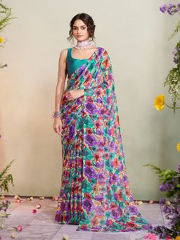 Garden VARELI - Women Chiffon Floral Printed Teal Saree Without Blouse