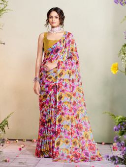 Garden VARELI - Women Chiffon Floral Printed Mustard Saree Without Blouse