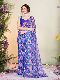Garden VARELI - Women Chiffon Floral Printed Blue Saree Without Blouse