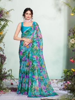 Garden VARELI - Women Chiffon Floral Printed Teal Saree Without Blouse