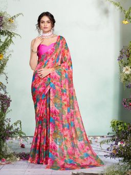 Garden VARELI - Women Chiffon Floral Printed Pink Saree Without Blouse