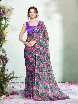 Garden VARELI - Women Chiffon Floral Printed Purple Saree Without Blouse
