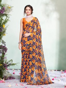 Garden VARELI - Women Chiffon Floral Printed Orange Saree Without Blouse