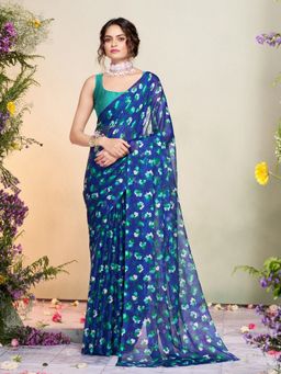 Garden VARELI - Women Chiffon Floral Printed Blue Saree Without Blouse