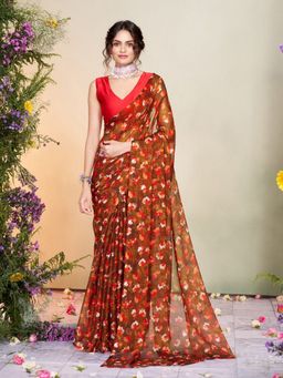 Garden VARELI - Women Chiffon Floral Printed Brown Saree Without Blouse