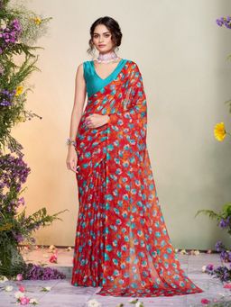 Garden VARELI - Women Chiffon Floral Printed Red Saree Without Blouse