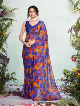 Garden VARELI - Women Chiffon Floral Printed Blue Saree Without Blouse