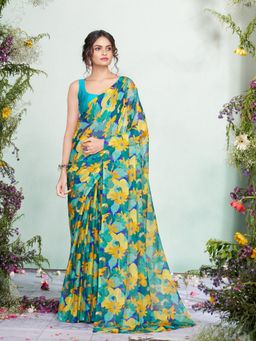 Garden VARELI - Women Chiffon Floral Printed Teal Saree Without Blouse