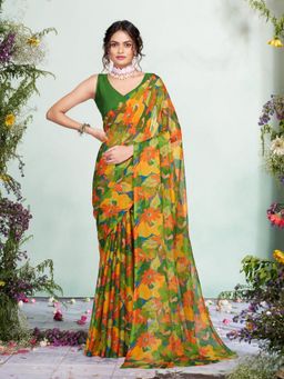 Garden VARELI - Women Chiffon Floral Printed Green Saree Without Blouse