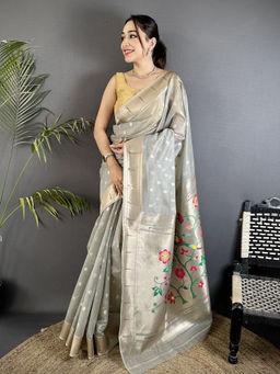 Elora - Women Grey Tissue Woven Saree with Unstitched Blouse