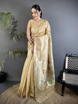 Elora - Women Beige Tissue Woven Saree with Unstitched Blouse