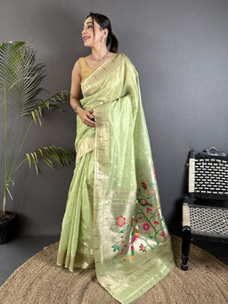 Elora - Women Green Tissue Woven Saree with Unstitched Blouse