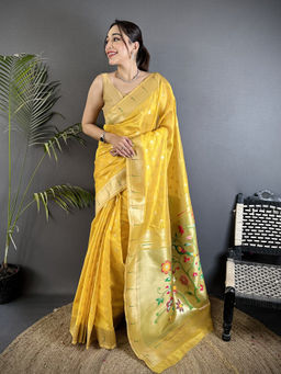 Elora - Women Yellow Tissue Woven Saree with Unstitched Blouse