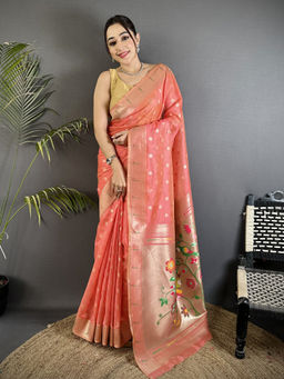 Elora - Women Pink Tissue Woven Saree with Unstitched Blouse