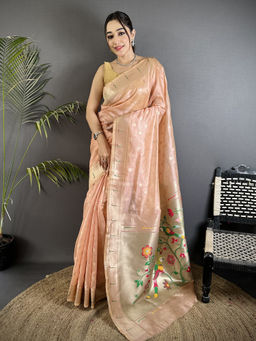 Elora - Women Pink Tissue Woven Saree with Unstitched Blouse