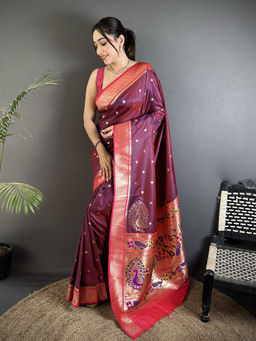 Elora - Women Wine Silk Blend Woven Saree with Unstitched Blouse