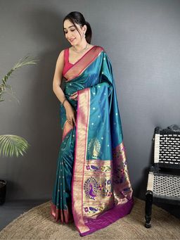 Elora - Women Teal Silk Blend Woven Saree with Unstitched Blouse