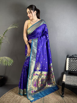 Elora - Women Blue Silk Blend Woven Saree with Unstitched Blouse