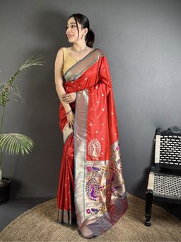 Elora - Women Red Silk Blend Woven Saree with Unstitched Blouse