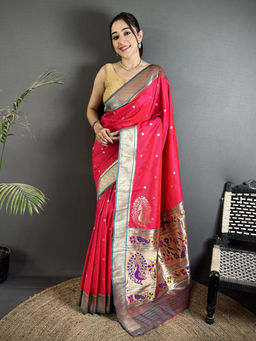 Elora - Women Red Silk Blend Woven Saree with Unstitched Blouse