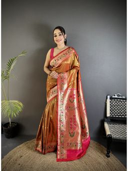 Elora - Women Peach Silk Blend Woven Saree with Unstitched Blouse