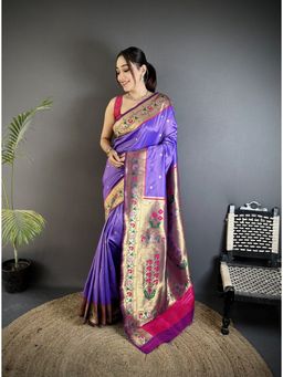 Elora - Women Lavender Silk Blend Woven Saree with Unstitched Blouse